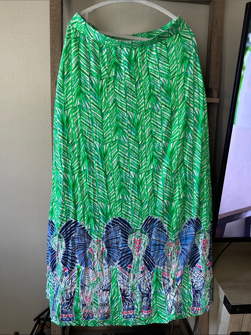 Lilly Pulitzer Green Printed Maxi Skirt with Elephant Border